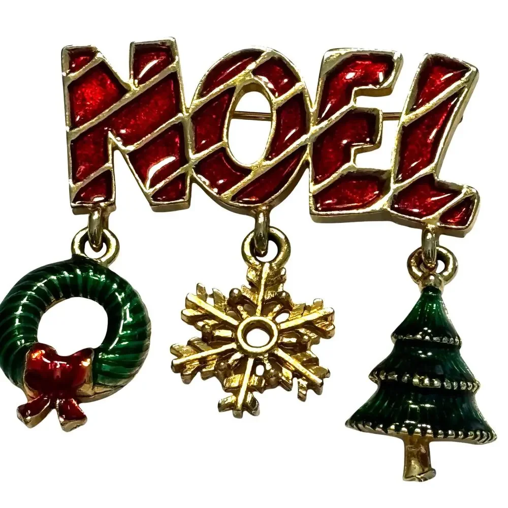 Vintage TONA brand Christmas Holiday brooch festive NOEL dangle spell out pin